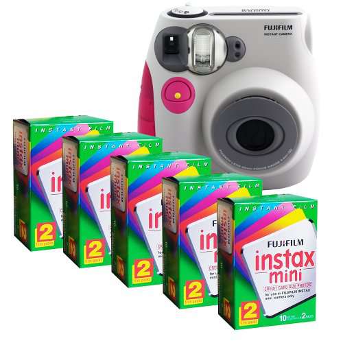 Fujifilm INSTAX MINI 7S Camera and Film Kit (Pink Trim) with 5 Twin Packs of MINI INSTAX Film