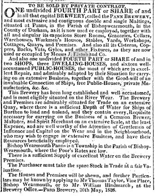 Clipping from a newspaper advertising the sale of a fourth part of the Panns Brewery