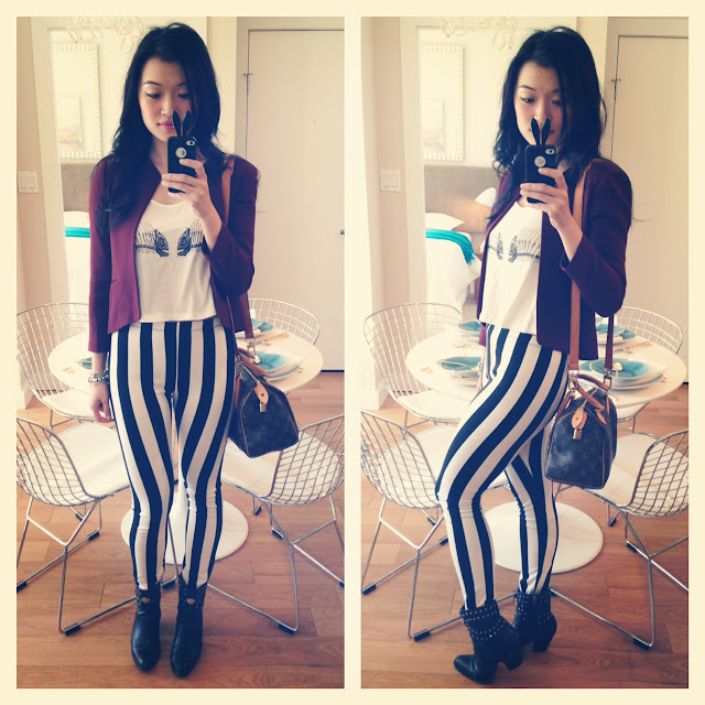 wantering spring trends black and white strips, black and white stripe leggings, evil twin crop top, maroon crop blazer from aritzia, louis vuitton speedy 25