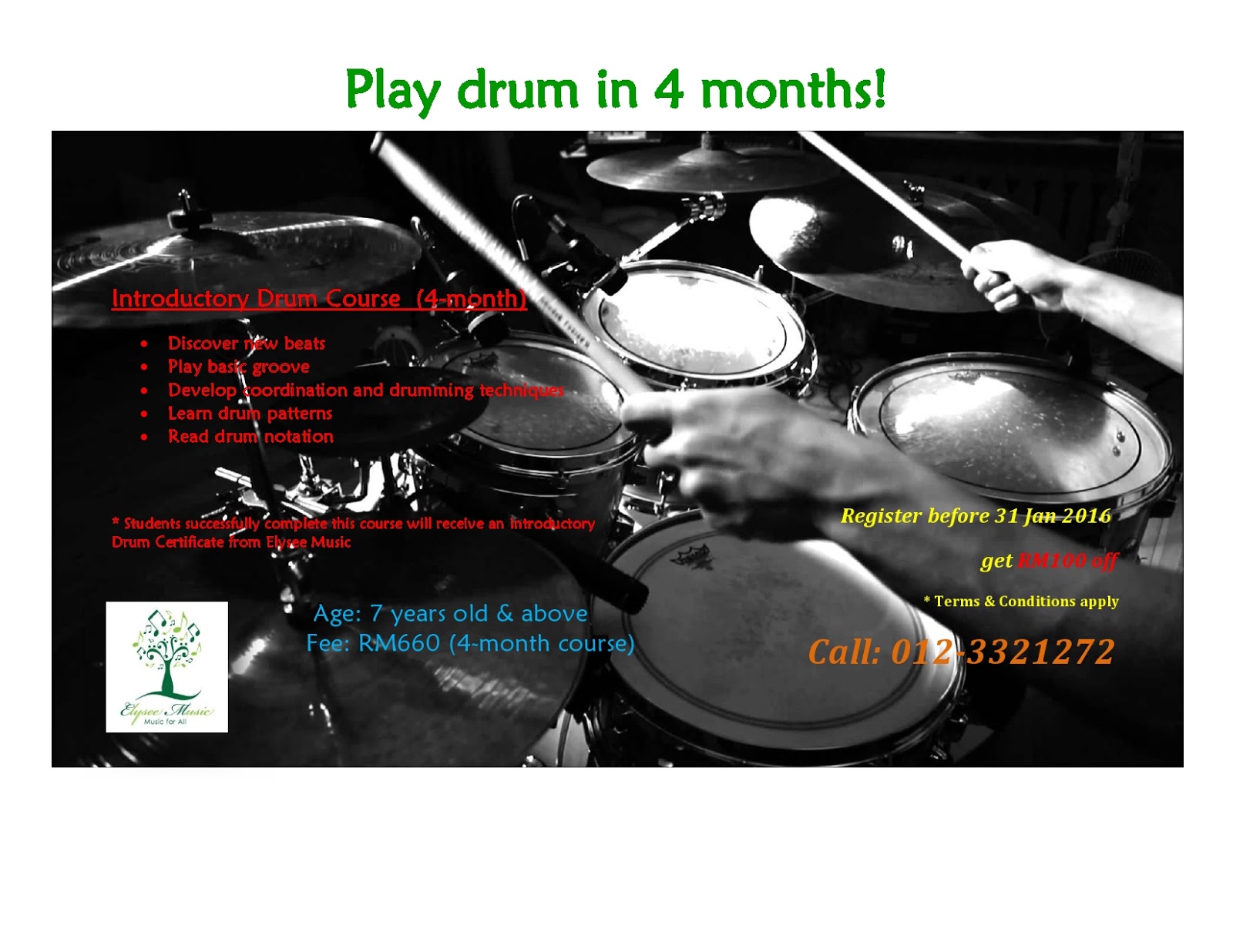 Learn To Sing In 6 Months Or Play Drums in 4 Months At Elysee Music