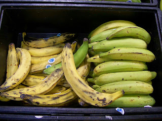 Plantains may look like bananas but they are longer, have thicker skin, and are starchier. Plantains may look like bananas but they are longer, have thicker skin, and are starchier.