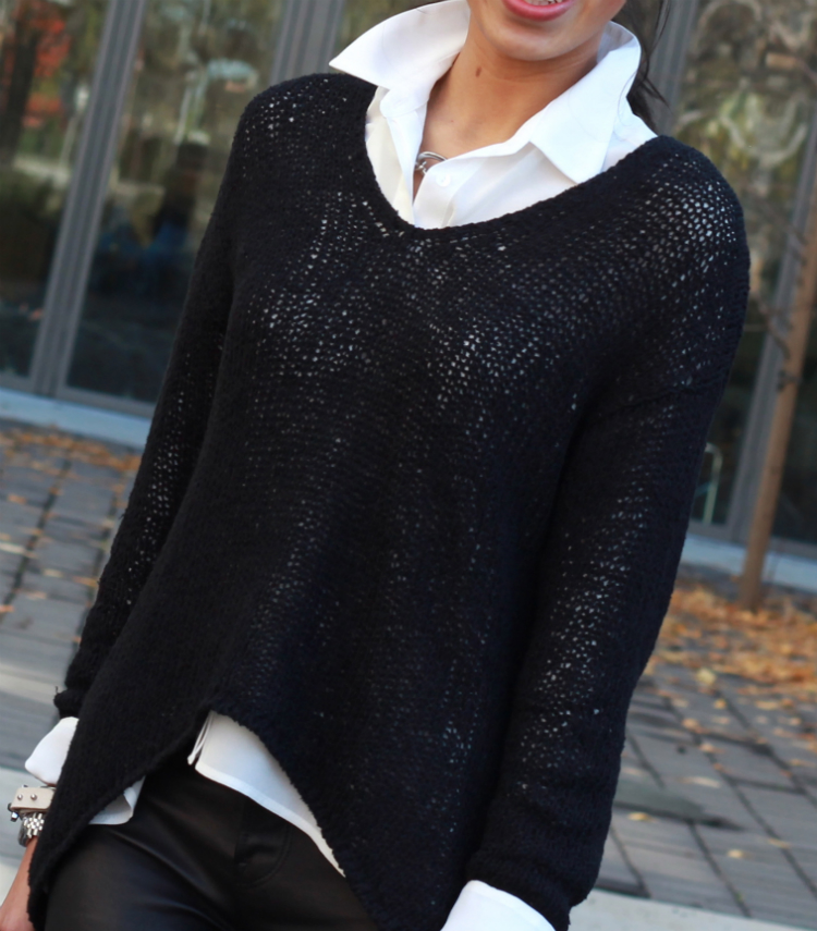 helmut lang asymmetrical sweater layering idea