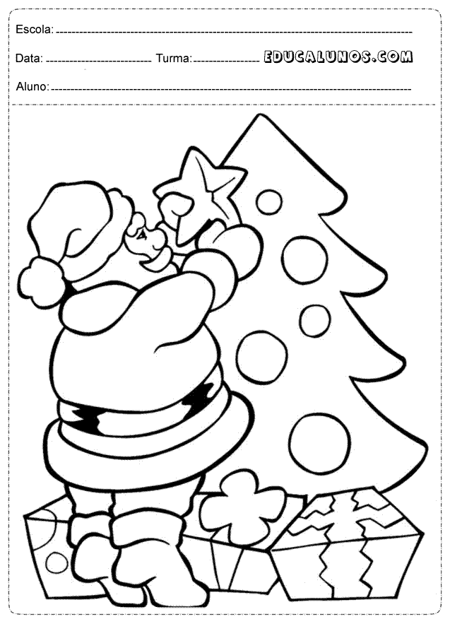 Arvore com papai noel e presentes para colorir