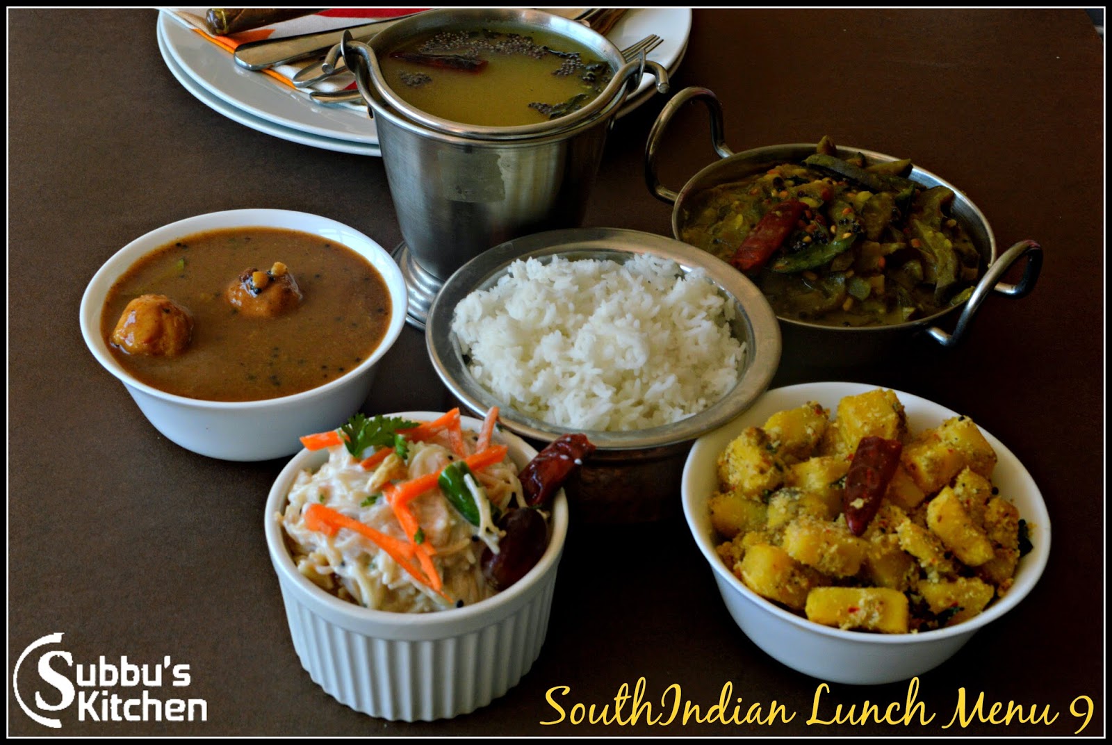 Paruppu Urundai Kuzhambu, Mor Rasam, Raw Banana Poriyal, Brinjal Stew and Curd Semiya Lunch Menu, South Indian Lunch Menu, Lunch Menu Ideas, Paruppu Urundai Kuzhambu