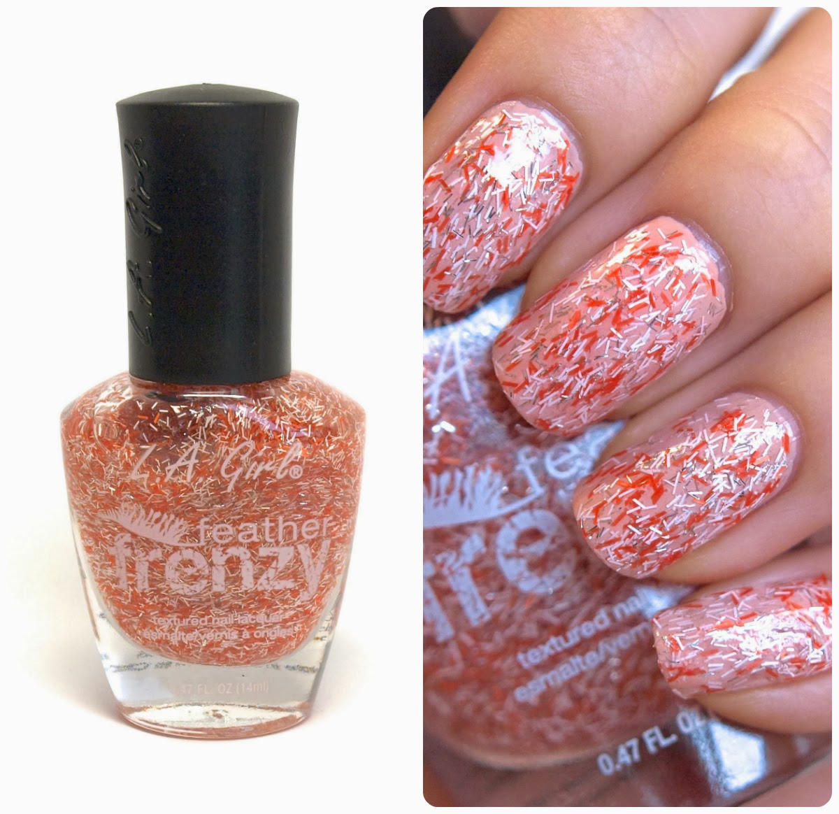 L A Feather Frenzy Nail Polish In Oriole And Hummingbird First Up Is An Orange White And Silver Bar Glitter Nail Polish Called Oriole 5 00 Named After The Charming Little Birds Base Transpa