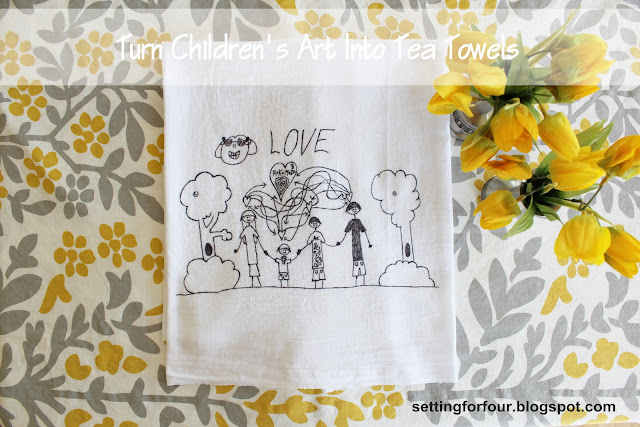 Learn How To Turn Kids Art Into Tea Towels using your kid’s art! Fun way to decorate your kitchen. DIY tutorial and supply info included. Great gift idea!