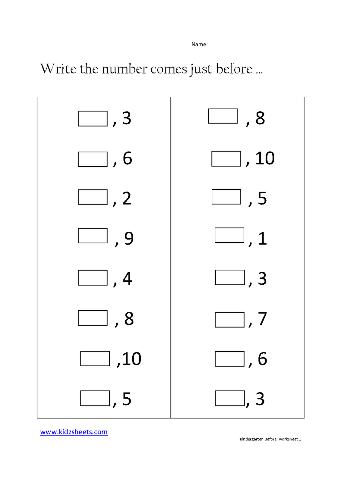 Free Printable Kindergarten Before Numbers Worksheets