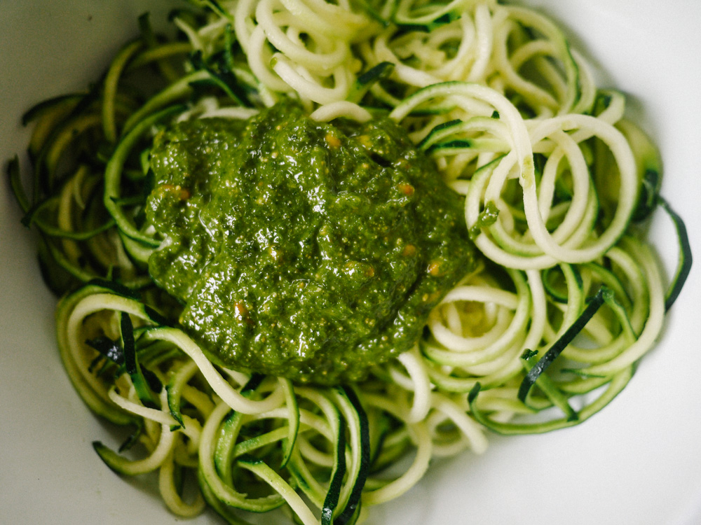 Pesto Coodles (Courgette Noodles) with Burrata and Cherry Toms The