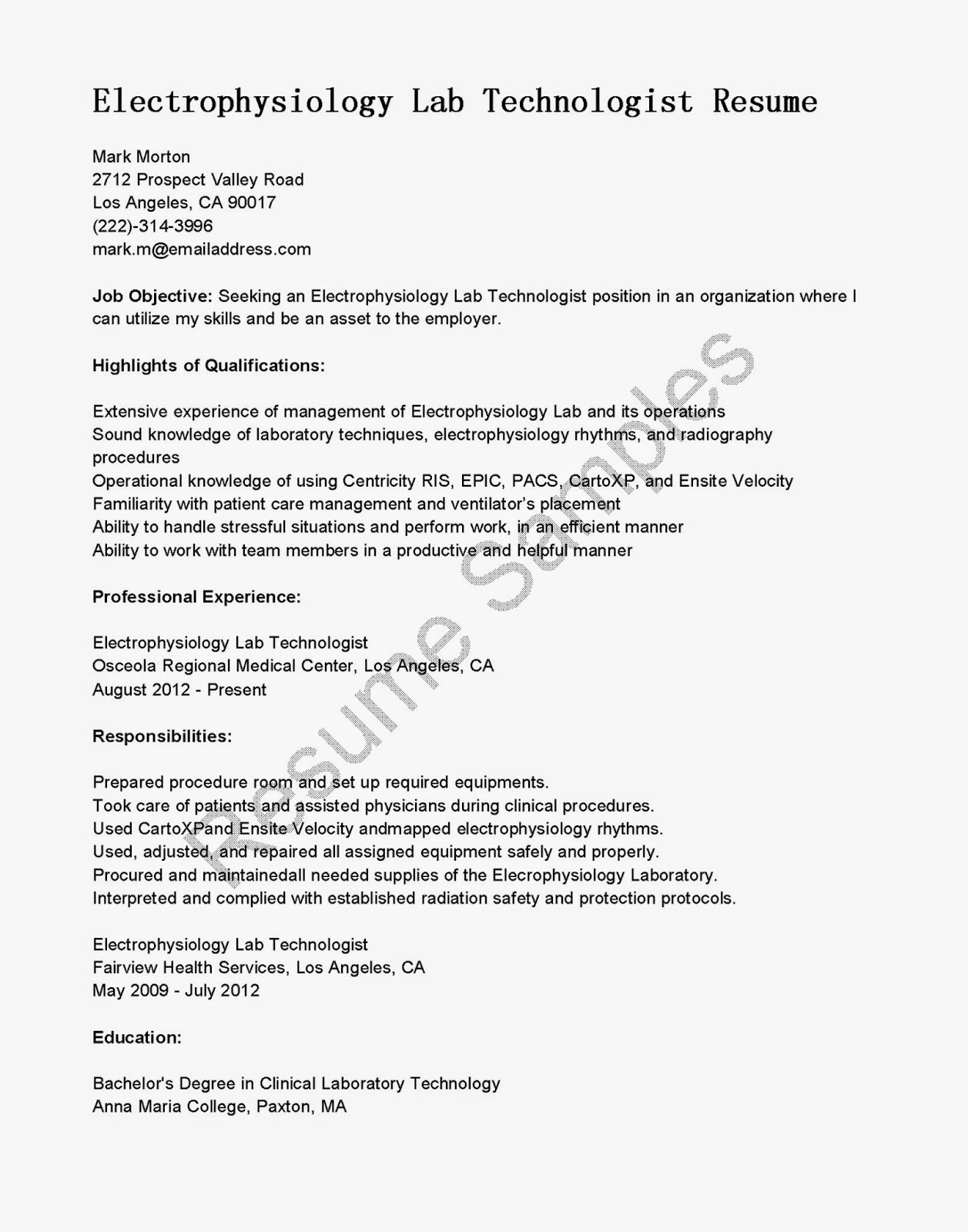 Resume Samples Electrophysiology Lab Technologist Resume Sample