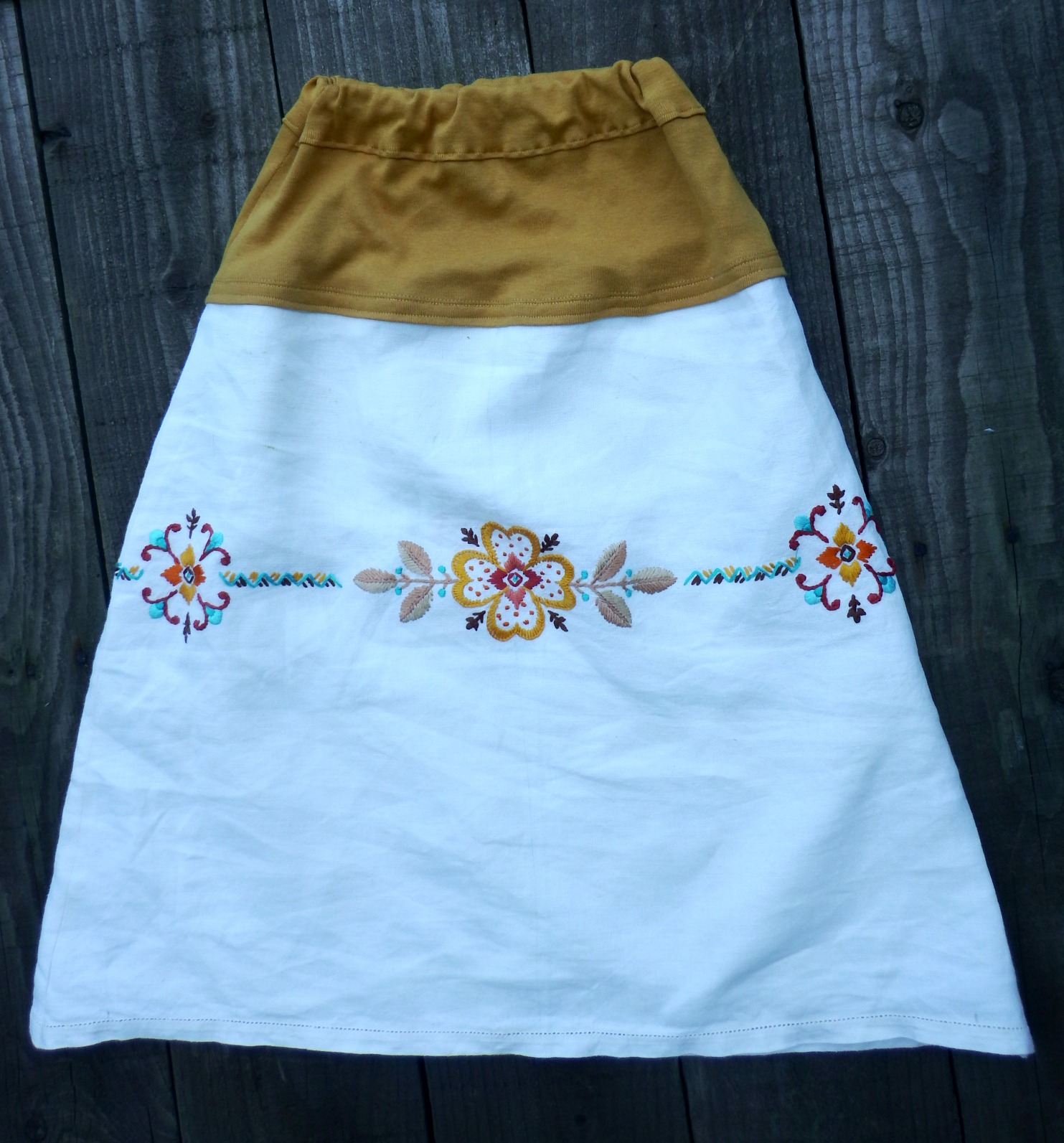 Wonky Patchwork Skirt from embroidered linens