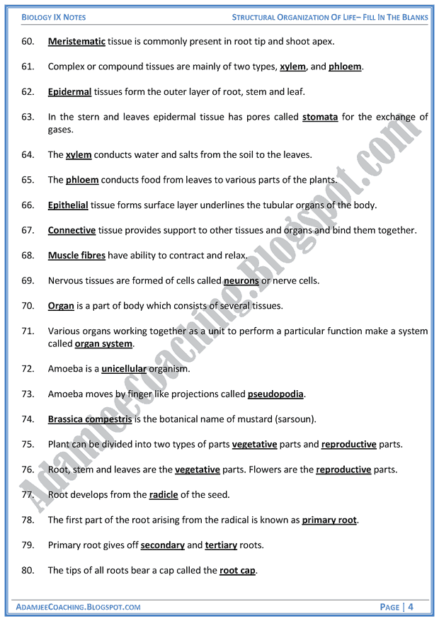 structural-organization-of-life-fill-in-the-blanks-biology-notes-for-class-9th