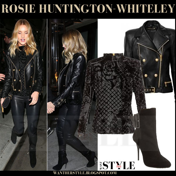 Rosie Huntington Whiteley In Black Leather Biker Jacket And Rosie Huntington Whiteley In Black Leather Biker Balmain Hm Jacket Pants And