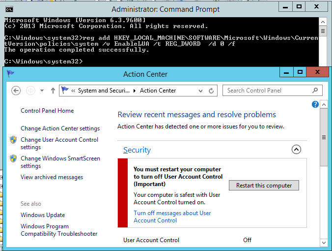 Disable User Account Control Windows 7 Command Line