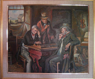 Pintura curiosa con persoinajes jugando al ajedrez