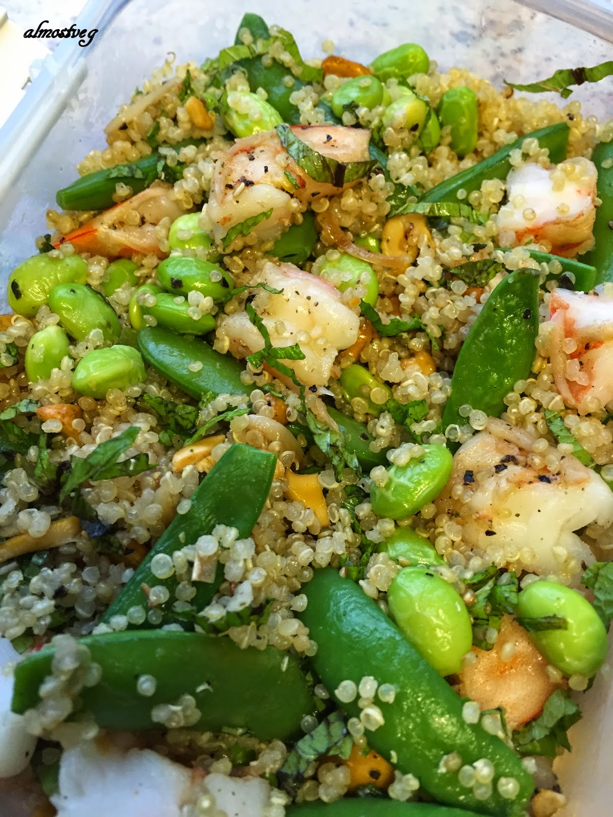Quinoa with shrimp, sugar snap peas and edamame