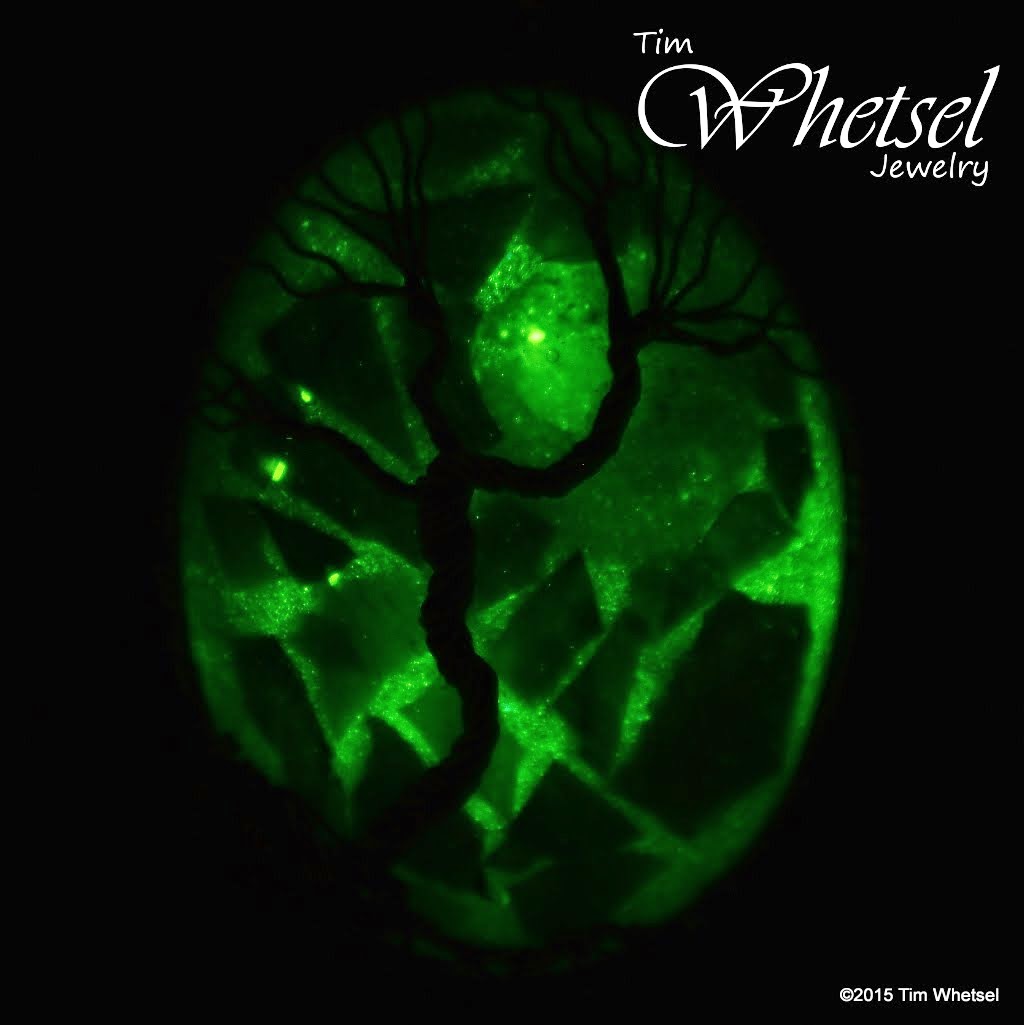 Mother of pearl orgonite wire wrapped tree of life pendant glowing in the dark - ©2015 Tim Whetsel Jewelry