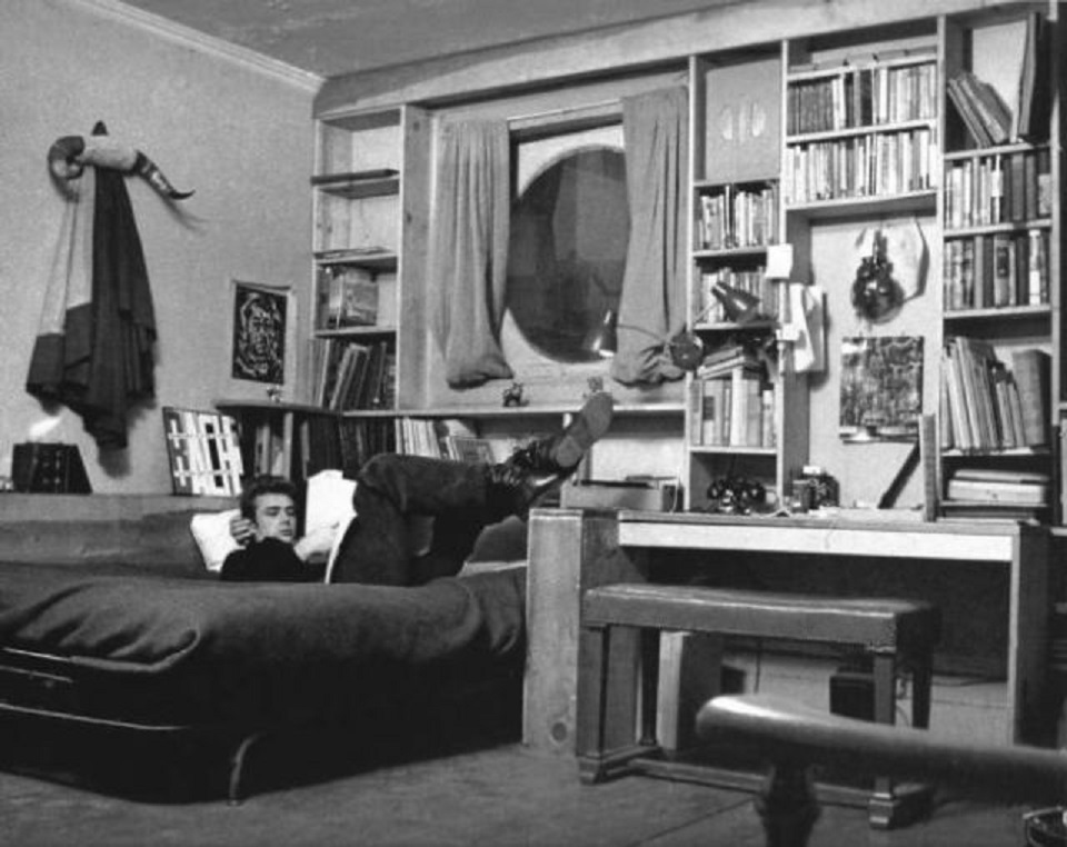James Dean relaxing in his New York City apartment in the early '50s