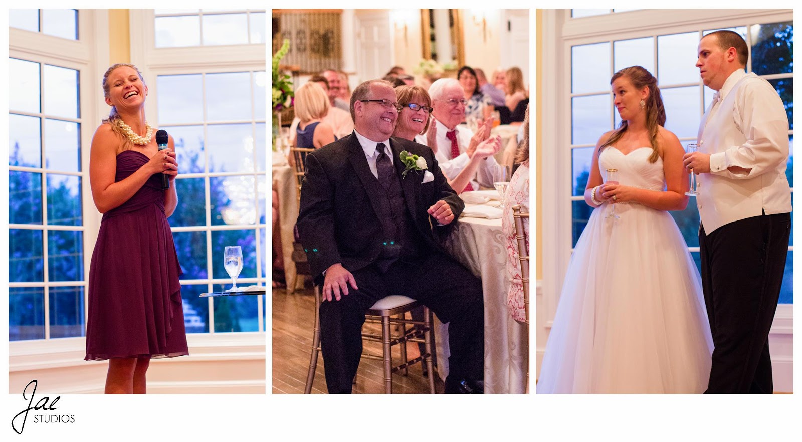 Jonathan and Julie, Bird cage, West Manor Estate, Wedding, Lynchburg, Virginia, Jae Studios, purple, wedding dress, tuxedo, father mother, bride, groom, maid of honor, speech, pearl, drink, window, laughing, funny