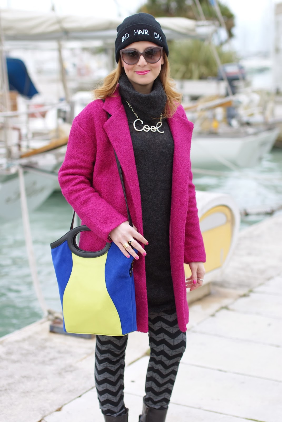 persunmall fuchsia coat, cool necklace, chevron leggings, two tickets bag, Fashion and Cookies, fashion blogger
