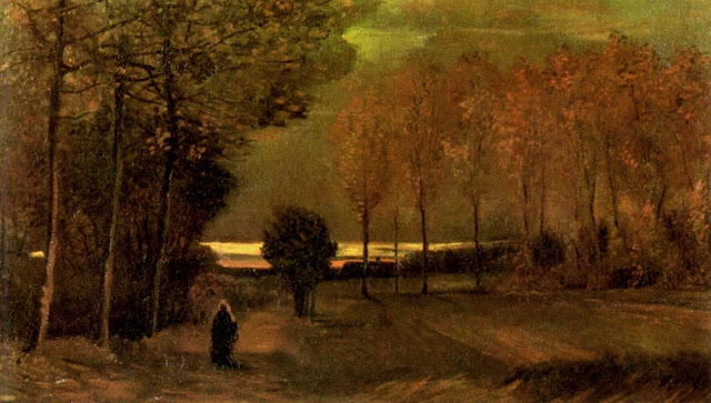 "Autumn Landscape at Dusk" Vincent Van Gogh (1885) an autumn walk, woman, girl, cloak, fine art, gloaming, dusk, sunset "Autumn Landscape at Dusk" Vincent Van Gogh (1885) an autumn walk, woman, girl, cloak, fine art, gloaming, dusk, sunset