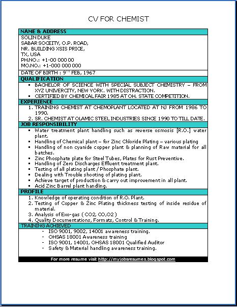 Sample resume for lab chemist