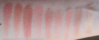 Comparison swatches for Imagine from bareMinerals The Happy Place Expensive Pink, Imagine, Pinot Noir, Brighton Peach, Imagine, Emerald Boudoir, Inglot 407, Variations, Melon