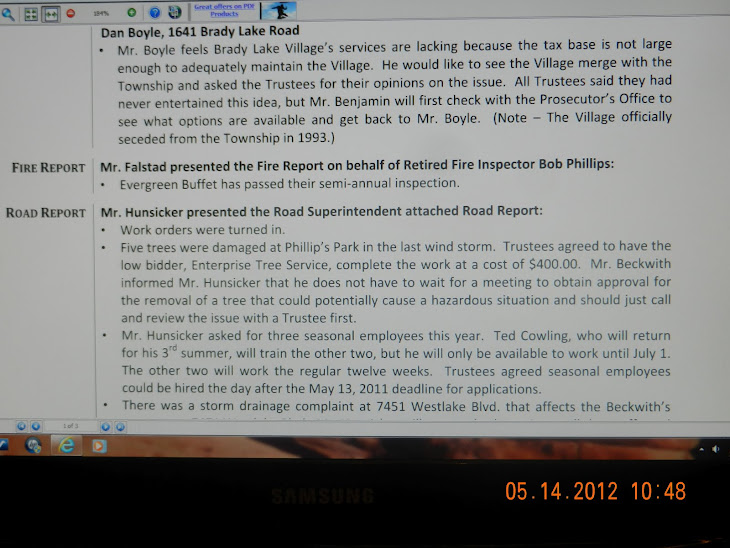 This is minutes from the 5/10/11 Franklin Township Trustee's meeting.