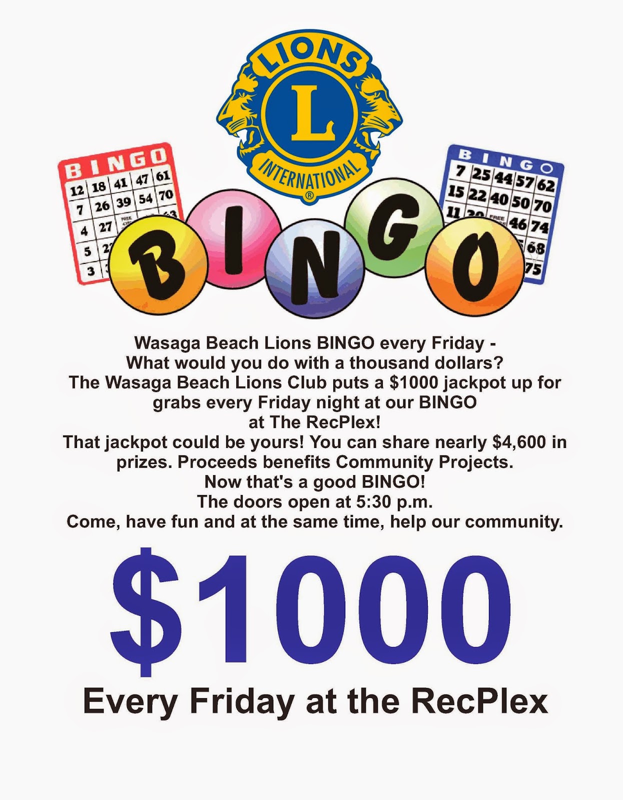 Beach Booster Wasaga Beach Lions Club Bingo Every Friday at the RecPlex