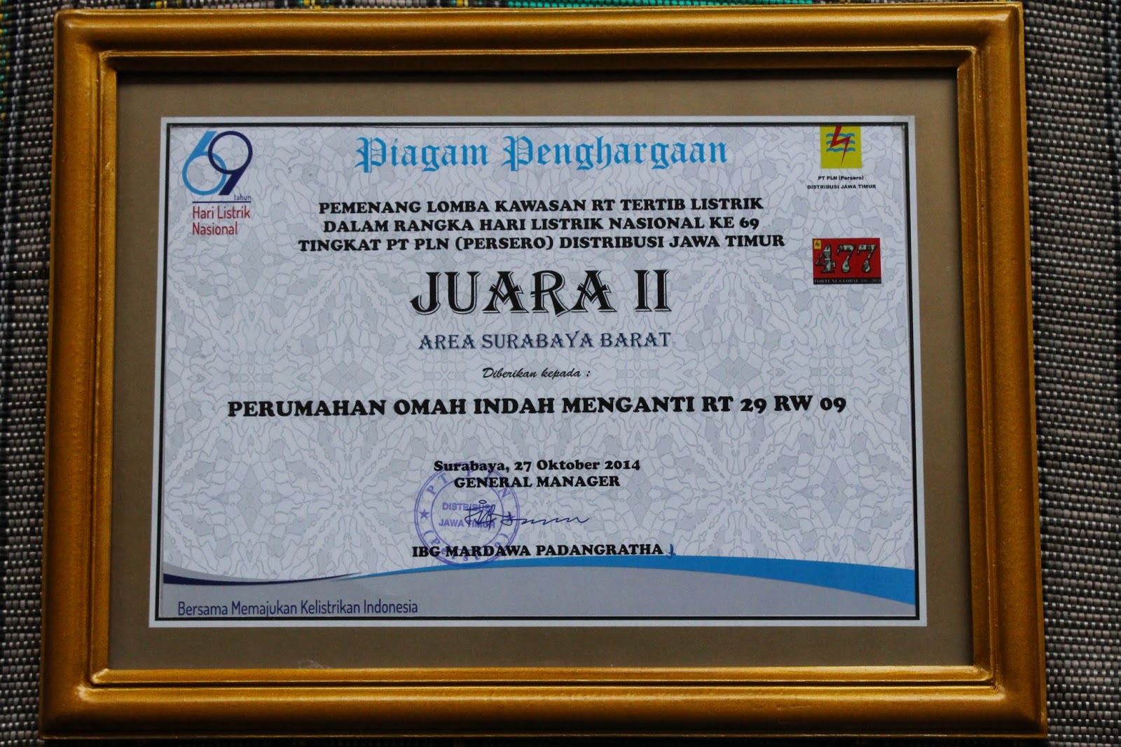 Pemenang Juara II Lomba Tertib Listrik Wilayah Jawa Timur