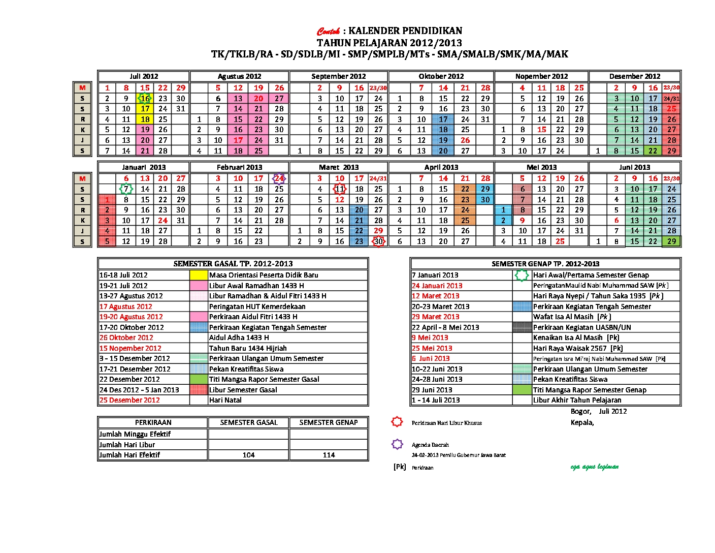 Berikut contoh Tabel Kalender Pendidikan Tahun Pelajaran 2012-2013
