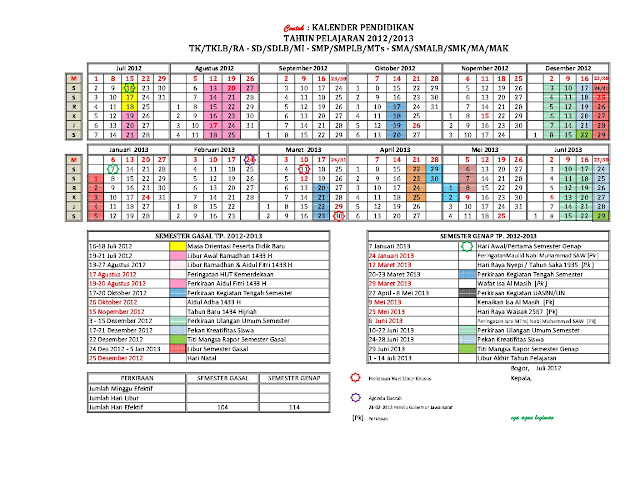 Berikut contoh Tabel Kalender Pendidikan Tahun Pelajaran 2012-2013