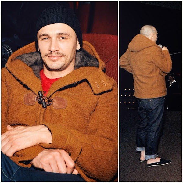 James Franco wears Gucci menswear Pre Fall 2014 brown mustard duffle coat to The USC School Of Cinematic Arts Screening Of Don Quixote
