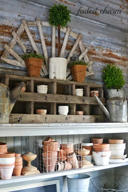 Fabulous junk styled potting bench with reclaimed wood and shelves - Faded Charm