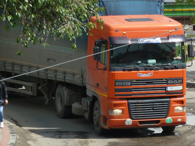DAF 95 XF 380 4x2 Truck Orange + Blue Curtain Side Trailer