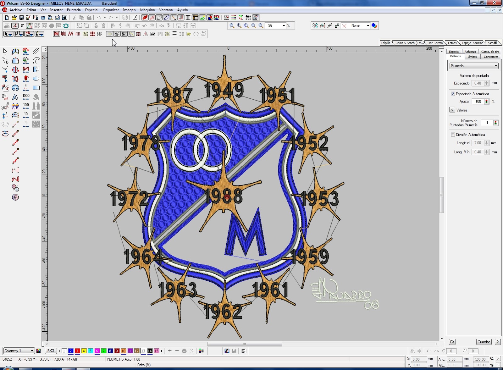 ESCUDO DEL CLUB DEPORTIVO LOS MILLONARIOS TRABAJADO CON WILCOM