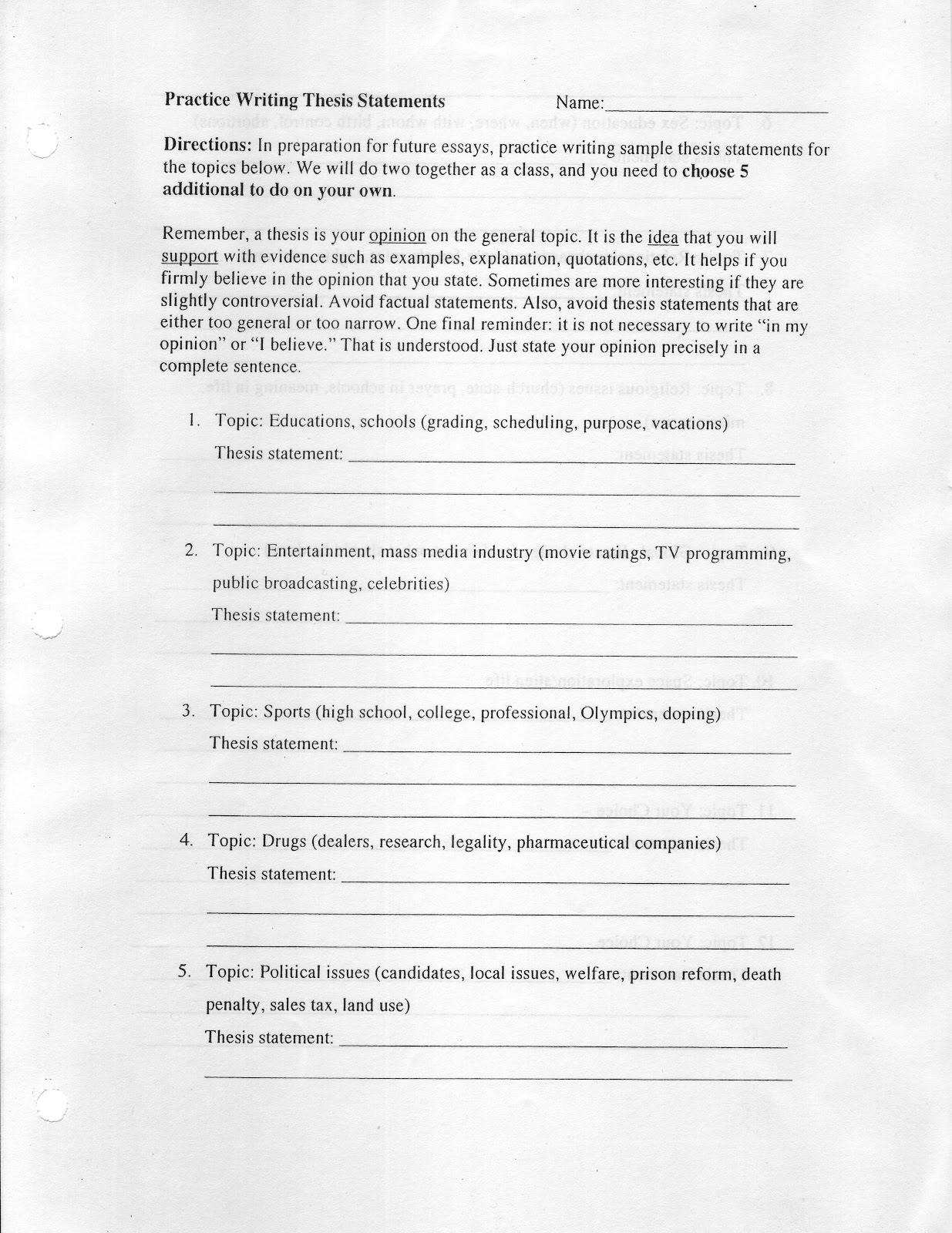 Thesis statement practice handout