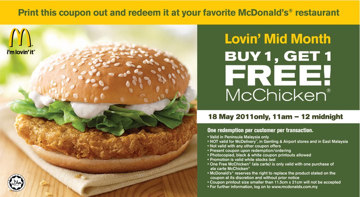 McDonald's coupon: Buy 1 Get 1 FREE McChicken! 18 May 2011 only! Lovin' Mid Month