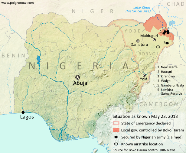 Map of Boko Haram control in northeastern Nigeria, and progress made by the government after declaring a state of emergency and launching a military campaign against the rebels in May 2013.