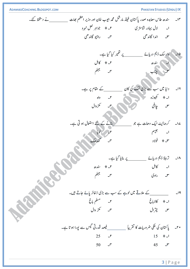 Resources-of-Pakistan-MCQs-Pakistan-Studies-Urdu-IX