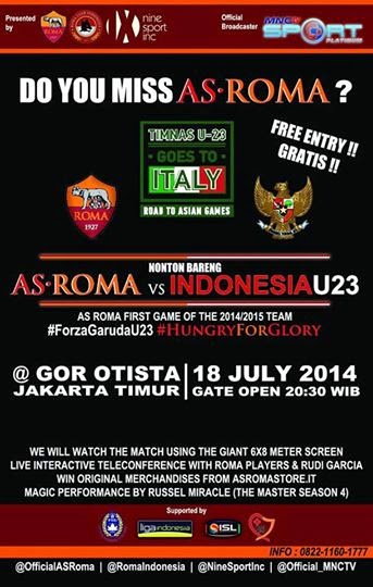 Prediksi Skor (Line-Up) AS Roma vs Timnas U23 (Indonesia Tur Italia) 18 Juli 2014