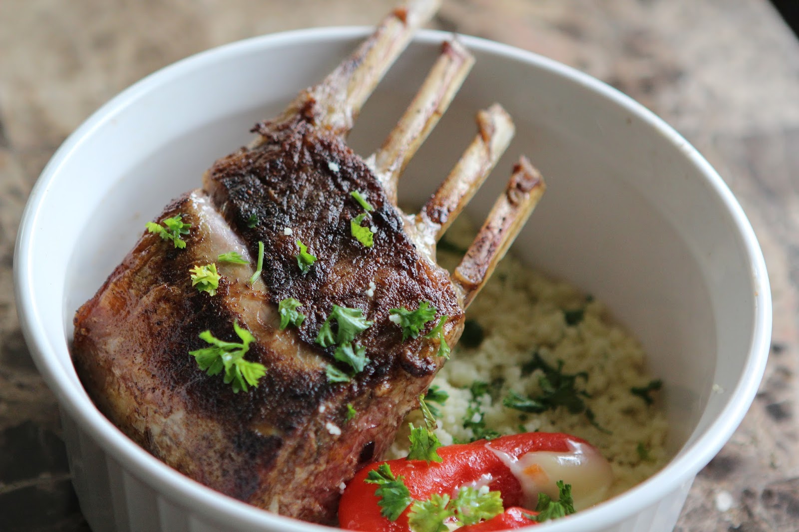 Moroccan Lamb Chops, Herby Couscous, and Stuffed Peppers