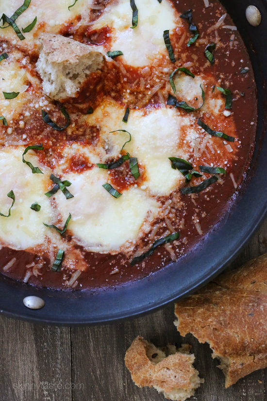 Eggs Pizzaiola – eggs poached in a flavorful tomato sauce topped with Parmigiano-Reggiano and Pecorino Romano cheese, you'll think you're having the best tasting raviolis ever! Easy, high protein, low carb and ready in less than 20 minutes.