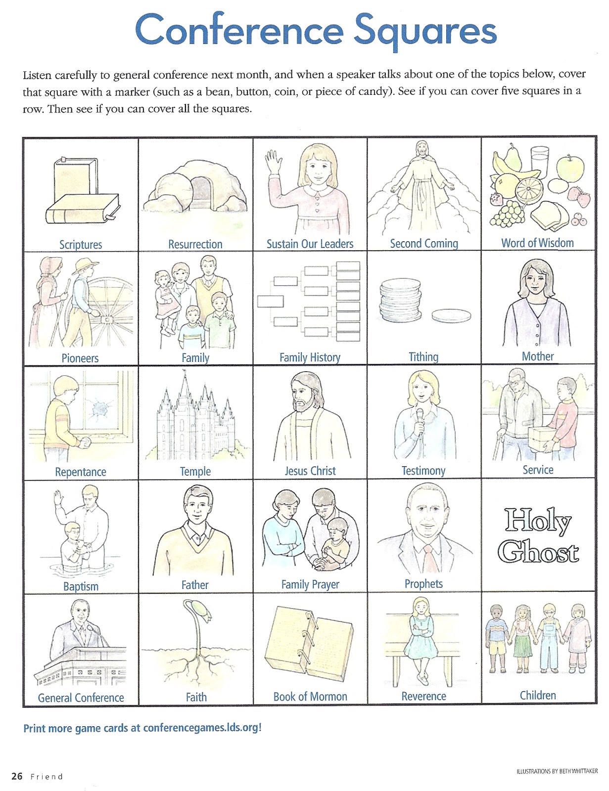happy clean living children conference ideas from the friend lds conference bingo sheets