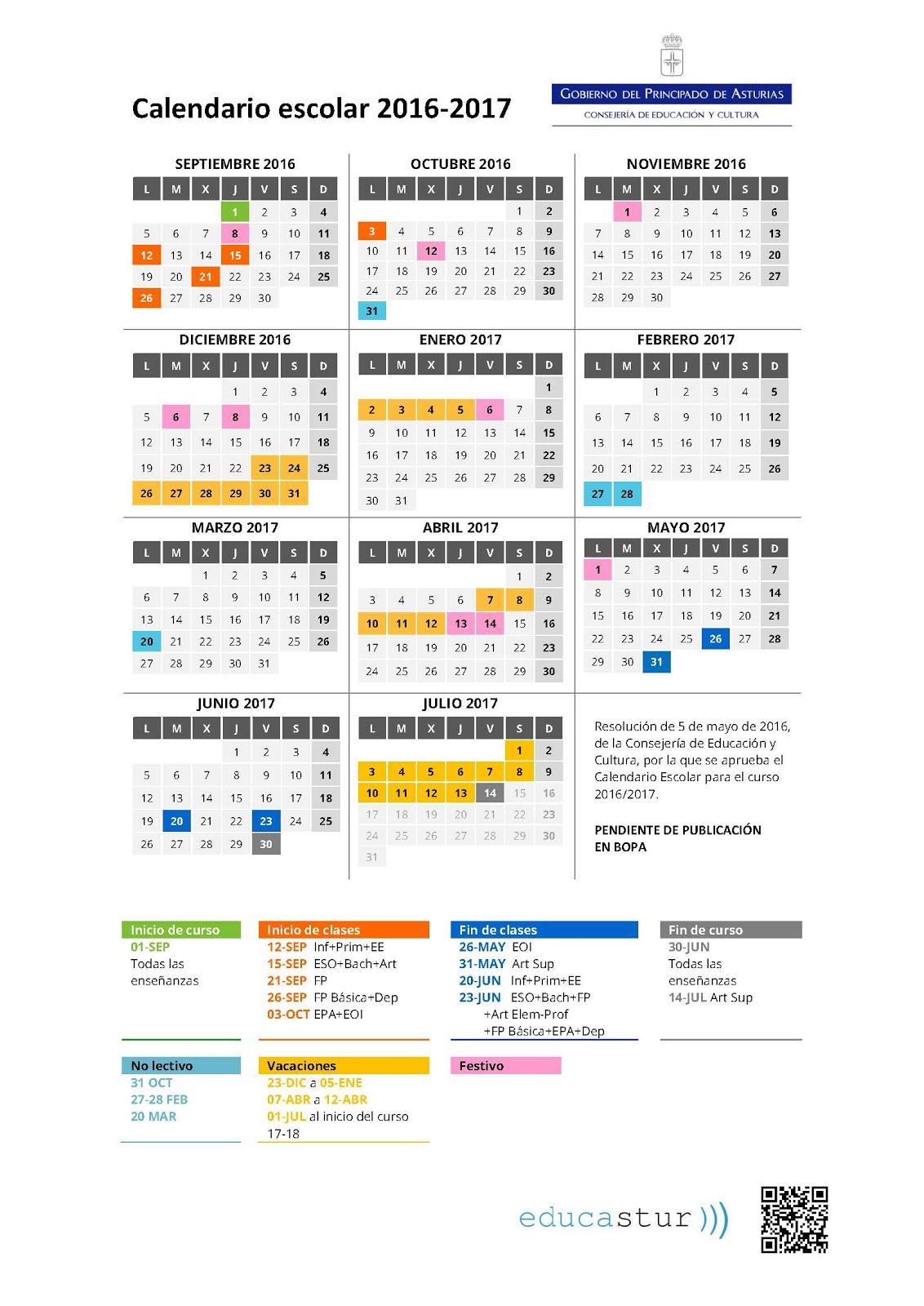 Calendario escolar 2016-2017