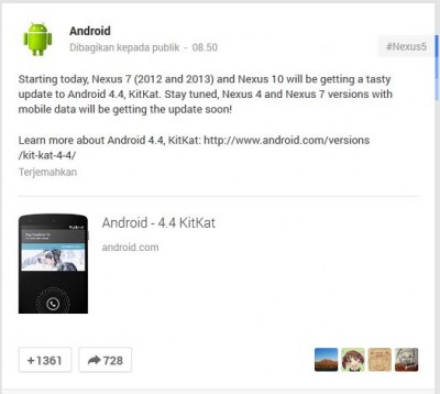 Hari ini Nexus 7 dan Nexus 10 Dapatkan Update Android 4.4 KitKat Hari ini Nexus 7 dan Nexus 10 Dapatkan Update Android 4.4 KitKat