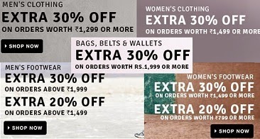 Flat 30% Extra Off on Men’s / Women’s Clothing / Footwear / Belts / Wallets / Bags