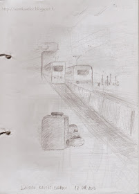 железнодорожный вокзал, чемоданы, пути, платформа, поезда, рисунок карандашом