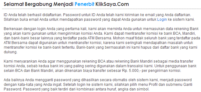 Halaman Pemberitahuan member kliksaya Halaman pemberitahuan sesaat setelah registrasi member kliksaya