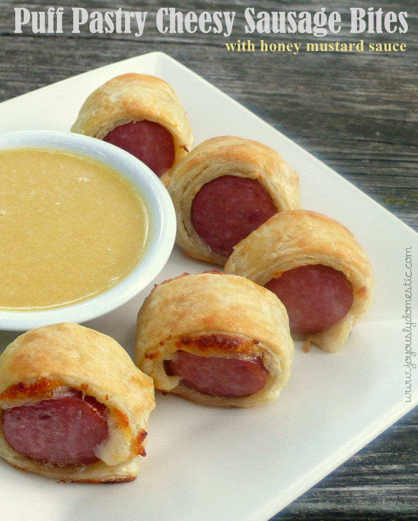 Joyously Domestic Puff Pastry Cheesy Sausage Bites with Honey Mustard
