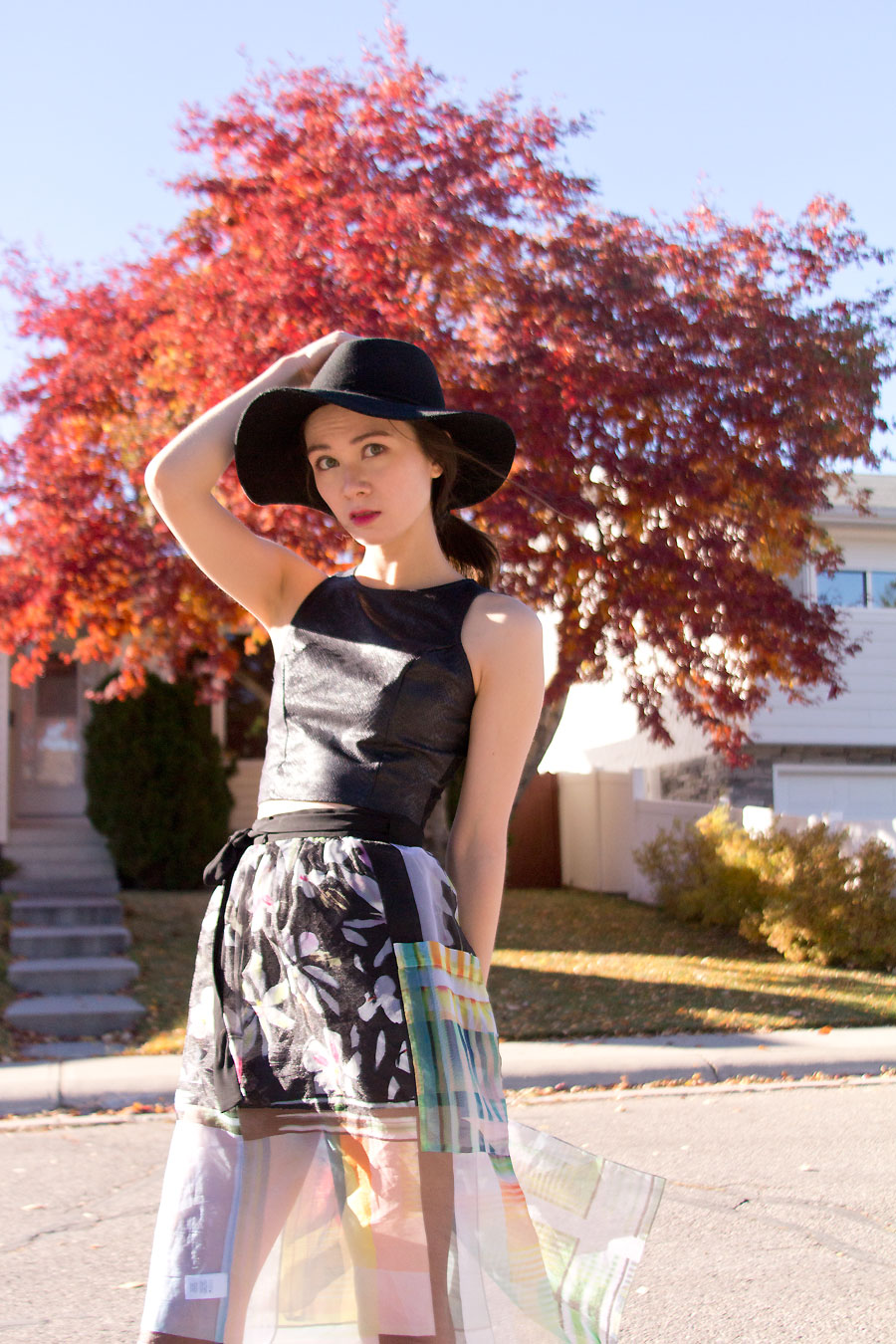 fall fashion, clover canyon, sheer skirt, crop top, felt hat, litas, jeffrey campbell, calgary fashion, anthropologie, bohemian, fashion, style, outfit of the day, personal style